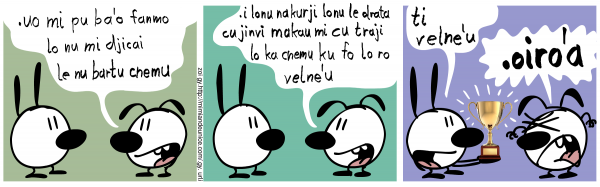 ni'o pamai la .iuNIZ. cusku lu .uo mi pu ba'o fanmo lo nu mi djicai le nu bartu cnemu to'isa'a remai toi .i lonu na kurji lonu le drata cu jinvi makau mi cu traji lo ka cnemu ku fo lo ro velne'u .i cimai la mimis. cnemu .ibu .i .ibu fengu cusku lu .oiro'a li'u