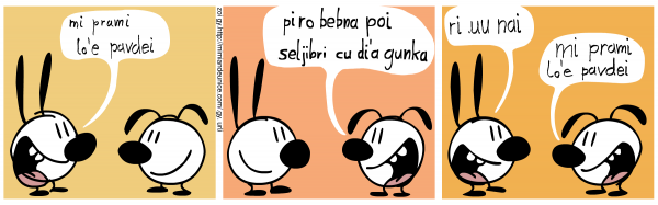 ni'o pamai la mimis. cusku lu mi prami lo'e pavdei li'u .i remai la .iuNIZ. cusku lu pi ro bebna poi selplijibri cu di'a gunka li'u .i cimai my. cusku lu ri .uu nai li'u .i .ibu cusku lu mi prami lo'e pavdei li'u